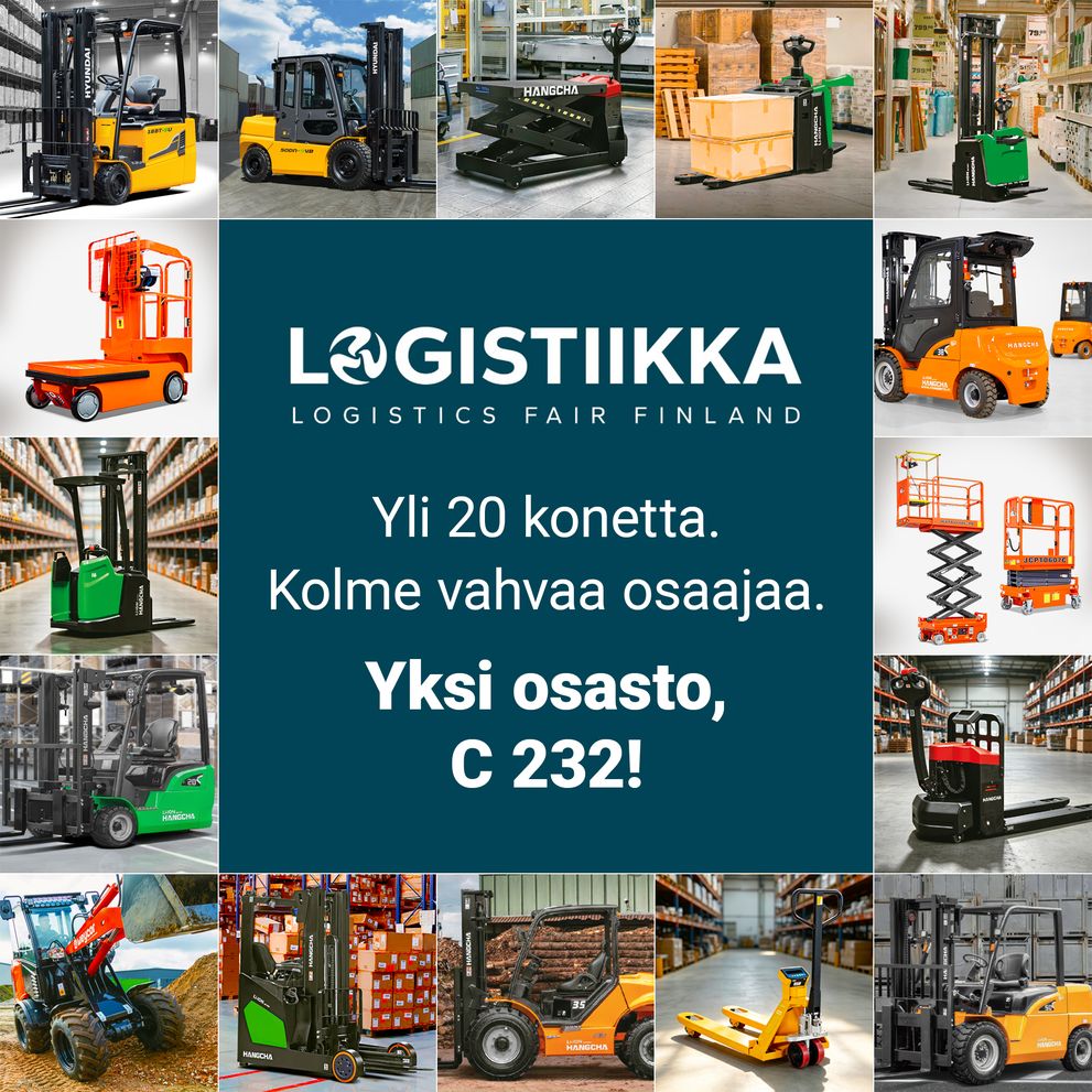 Logistiikkamessut Tampereella 9.–10.9.2026. Yli 20 konetta. Kolme vahvaa osaajaa. Yksi osasto.